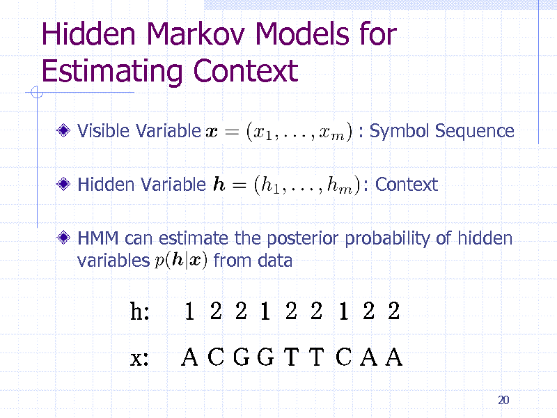 Slide: Hidden Markov Models for Estimating Context
Visible Variable
Hidden Variable

: Symbol Sequence
: Context

HMM can estimate the posterior probability of hidden variables from data

20

