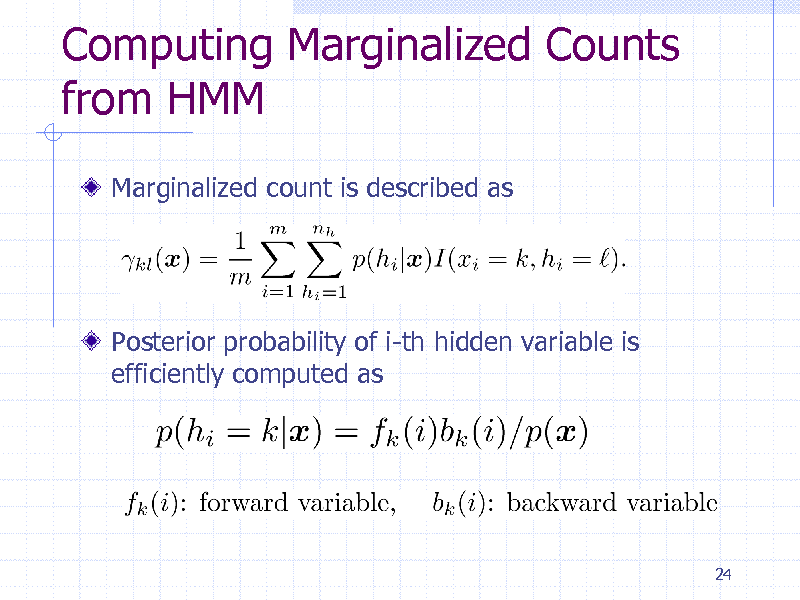 Slide: Computing Marginalized Counts from HMM
Marginalized count is described as

Posterior probability of i-th hidden variable is efficiently computed as

24

