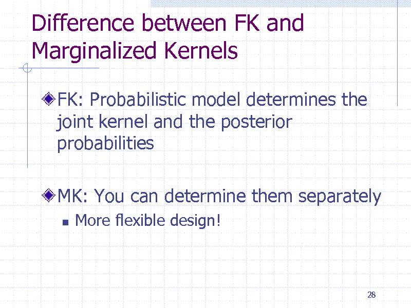 Slide: Difference between FK and Marginalized Kernels
FK: Probabilistic model determines the joint kernel and the posterior probabilities
MK: You can determine them separately


More flexible design!

28

