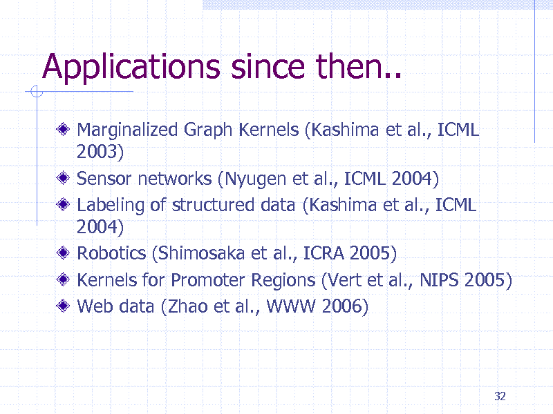 Slide: Applications since then..
Marginalized Graph Kernels (Kashima et al., ICML 2003) Sensor networks (Nyugen et al., ICML 2004) Labeling of structured data (Kashima et al., ICML 2004) Robotics (Shimosaka et al., ICRA 2005) Kernels for Promoter Regions (Vert et al., NIPS 2005) Web data (Zhao et al., WWW 2006)

32


