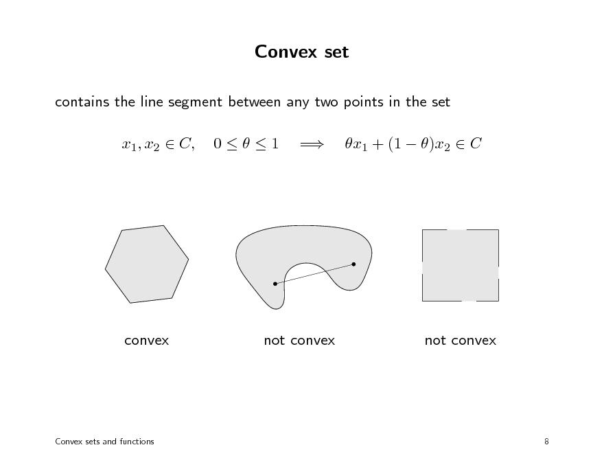 Slide: Convex set
contains the line segment between any two points in the set x1, x2  C, 01 = x1 + (1  )x2  C

convex

not convex

not convex

Convex sets and functions

8

