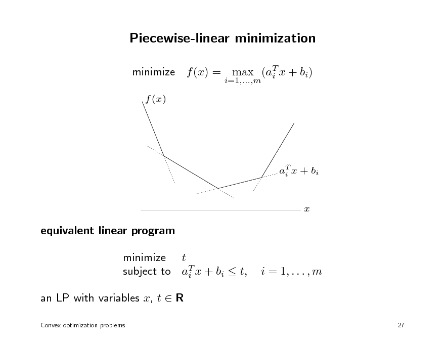 Slide: Piecewise-linear minimization
minimize f (x) = max (aT x + bi) i
i=1,...,m

f (x)

aT x + bi i

x

equivalent linear program minimize t subject to aT x + bi  t, i an LP with variables x, t  R
Convex optimization problems 27

i = 1, . . . , m

