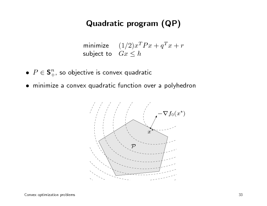 Slide: Quadratic program (QP)
minimize (1/2)xT P x + q T x + r subject to Gx  h
n  P  S+, so objective is convex quadratic

 minimize a convex quadratic function over a polyhedron
f0(x) x P

Convex optimization problems

33

