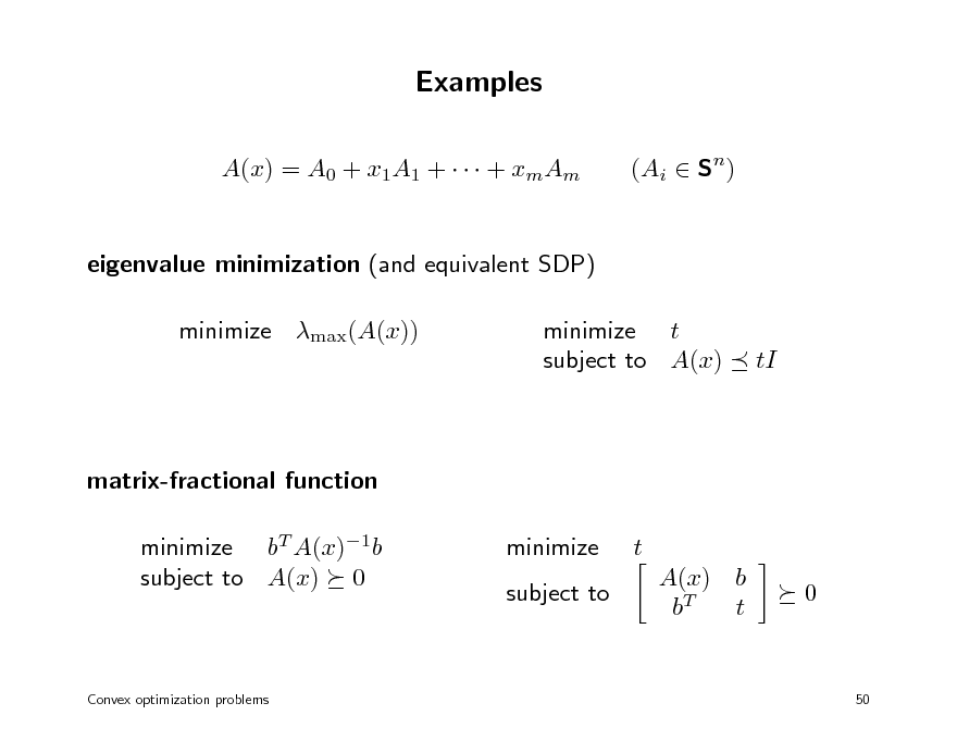 Slide: Examples
A(x) = A0 + x1A1 +    + xmAm eigenvalue minimization (and equivalent SDP) minimize max(A(x)) minimize t subject to A(x) (Ai  Sn)

tI

matrix-fractional function minimize bT A(x)1b subject to A(x) 0 minimize subject to t A(x) b bT t 0

Convex optimization problems

50

