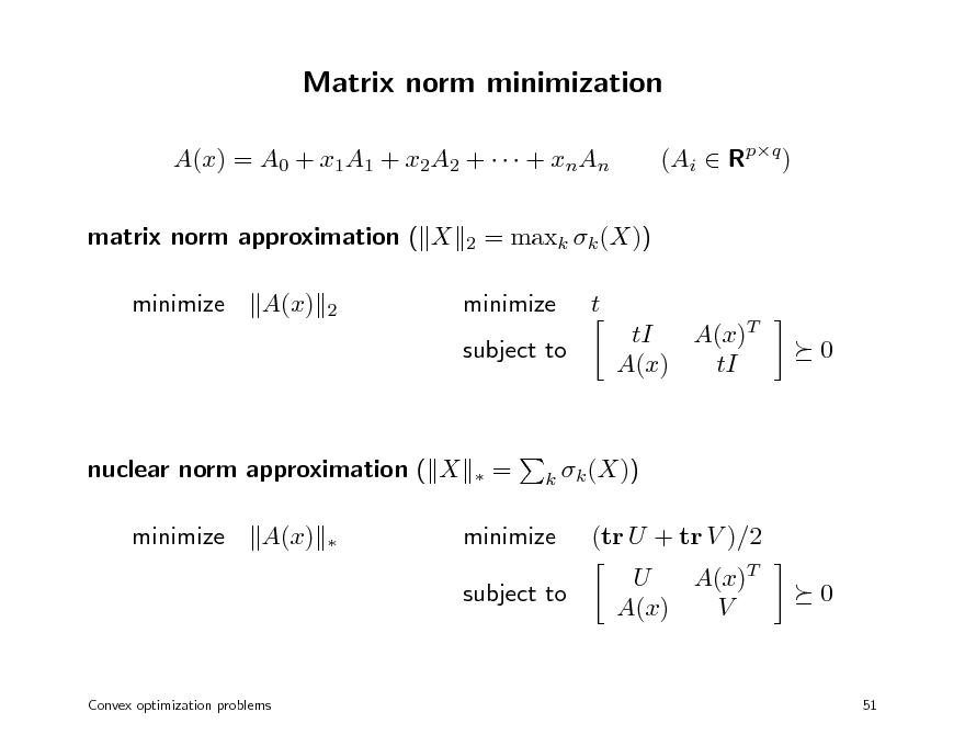 Slide: Matrix norm minimization
A(x) = A0 + x1A1 + x2A2 +    + xnAn matrix norm approximation ( X minimize A(x)
2 2

(Ai  Rpq )

= maxk k (X)) t tI A(x)T A(x) tI 0

minimize subject to

nuclear norm approximation ( X minimize A(x)




=

k k (X))

minimize subject to

(tr U + tr V )/2 U A(x)T A(x) V 0

Convex optimization problems

51

