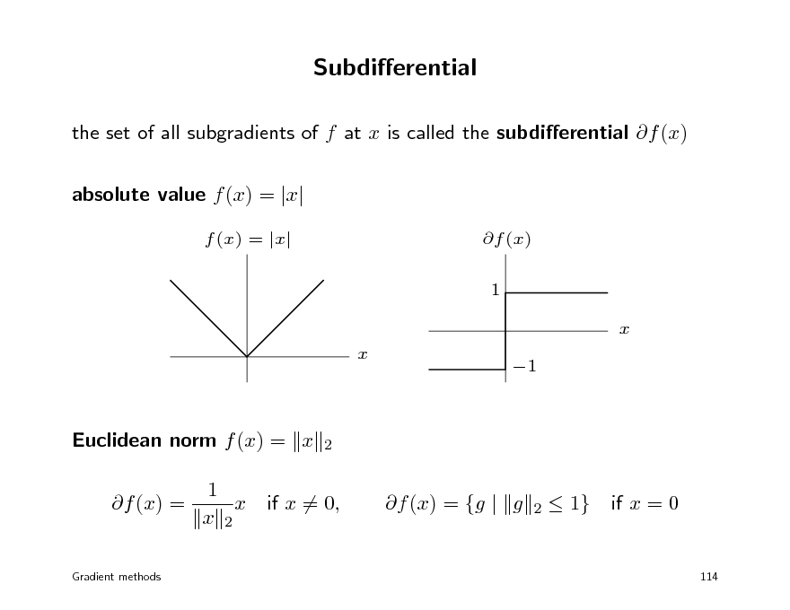 Slide: Subdierential
the set of all subgradients of f at x is called the subdierential f (x) absolute value f (x) = |x|
f (x) = |x| f (x) 1 x x 1

Euclidean norm f (x) = x f (x) = 1 x x 2

2

if x = 0,

f (x) = {g | g

2

 1}

if x = 0

Gradient methods

114

