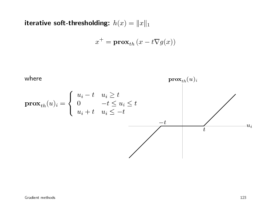 Slide: iterative soft-thresholding: h(x) = x

1

x+ = proxth (x  tg(x))

where   ui  t ui  t 0 t  ui  t proxth(u)i =  ui + t ui  t

proxth(u)i

t t

ui

Gradient methods

123

