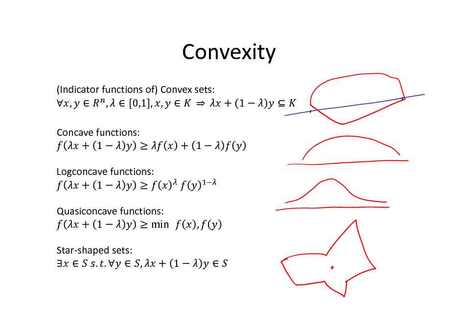Slide: Convexity
(Indicator functions of) Convex sets:  ,  ,  0,1 , ,  	  	 + 1  Concave functions: + 1  Logconcave functions: + 1  Quasiconcave functions: + 1  min 	 Star-shaped sets:   	 . .  , + 1 	 ,  		

+ 1 			 					  			

		

