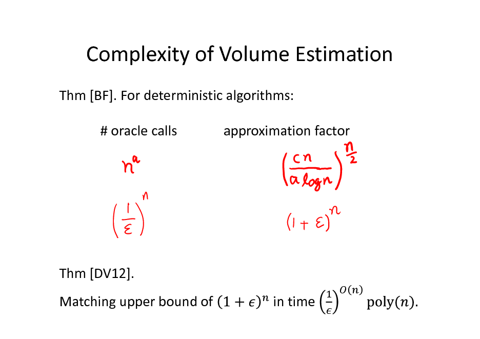 Slide: Complexity of Volume Estimation
Thm [BF]. For deterministic algorithms: # oracle calls approximation factor

Thm [DV12]. Matching upper bound of in time

