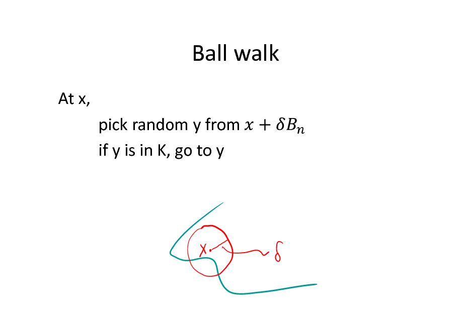 Slide: Ball walk
At x, pick random y from if y is in K, go to y

