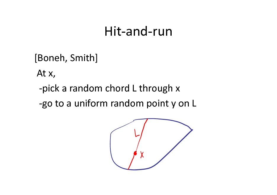 Slide: Hit-and-run
[Boneh, Smith] At x, -pick a random chord L through x -go to a uniform random point y on L

