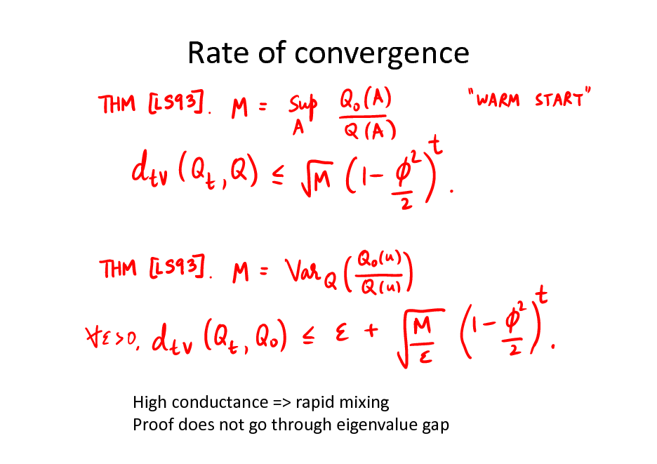 Slide: Rate of convergence

High conductance => rapid mixing Proof does not go through eigenvalue gap

