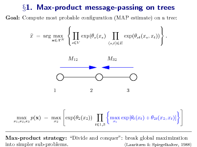 Slide: Goal: Compute most probable conguration (MAP estimate) on a tree:     exp(s (xs ) exp(st (xs , xt )) . x = arg max  xX N 
sV (s,t)E

1. Max-product message-passing on trees

M12

M32

1

2

3

x1 ,x2 ,x3

max p(x) = max exp(2 (x2 ))
x2 t1,3

max exp[t (xt ) + 2t (x2 , xt )]
xt

Max-product strategy: Divide and conquer: break global maximization into simpler sub-problems. (Lauritzen & Spiegelhalter, 1988)

