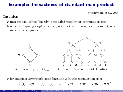 Slide: Example: Inexactness of standard max-product
(Wainwright et al., 2005)

Intuition:
max-product solves (exactly) a modied problem on computation tree nodes not equally weighted in computation tree  max-product can output an incorrect conguration

1 1 3 2 3 1 4 2 4 3 1 2 4 3 4 2

4 (a) Diamond graph Gdia

2 2 2 1 3 3 3 1 (b) Computation tree (4 iterations)

for example: asymptotic node fractions  in this computation tree: (1) (2) (3) (4) = 0.2393 0.2607 0.2607 0.2393
17 / 35

Martin Wainwright (UC Berkeley)

Graphical models and message-passing

September 2, 2012

