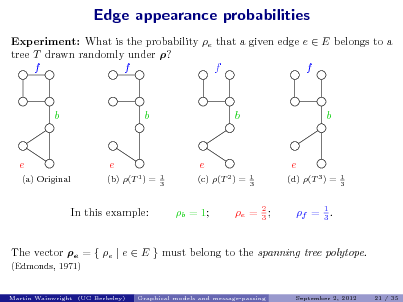Slide: Edge appearance probabilities
Experiment: What is the probability e that a given edge e  E belongs to a tree T drawn randomly under ? f f f f

b

b

b

b

e
(a) Original

e
(b) (T 1 ) =
1 3

e
(c) (T 2 ) =
1 3

e
(d) (T 3 ) =
1 3

In this example:

b = 1;

e = 2 ; 3

f = 1 . 3

The vector e = { e | e  E } must belong to the spanning tree polytope.
(Edmonds, 1971)
Martin Wainwright (UC Berkeley) Graphical models and message-passing September 2, 2012 21 / 35

