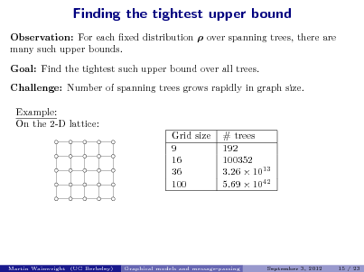 Slide: Finding the tightest upper bound
Observation: For each xed distribution  over spanning trees, there are many such upper bounds. Goal: Find the tightest such upper bound over all trees. Challenge: Number of spanning trees grows rapidly in graph size. Example: On the 2-D lattice:

Grid size 9 16 36 100

# trees 192 100352 3.26  1013 5.69  1042

Martin Wainwright (UC Berkeley)

Graphical models and message-passing

September 3, 2012

15 / 23

