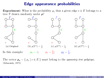 Slide: Edge appearance probabilities
Experiment: What is the probability e that a given edge e  E belongs to a tree T drawn randomly under ? f f f f

b

b

b

b

e
(a) Original

e
(b) (T 1 ) =
1 3

e
(c) (T 2 ) =
1 3

e
(d) (T 3 ) =
1 3

In this example:

b = 1;

e = 2 ; 3

f = 1 . 3

The vector e = { e | e  E } must belong to the spanning tree polytope.
(Edmonds, 1971)

Martin Wainwright (UC Berkeley)

Graphical models and message-passing

September 3, 2012

16 / 23

