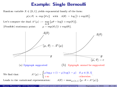 Slide: Example: Single Bernoulli
Random variable X  {0, 1} yields exponential family of the form: p(x; )  exp  x Lets compute the dual A ()
R

with

A() = log 1 + exp() .

:= sup   log[1 + exp()] .  = exp()/[1 + exp()].

(Possible) stationary point:

A()

A()

,   A () 
(a) Epigraph supported A () =

(b)

 ,   c
Epigraph cannot be supported

We nd that:

 log  + (1  ) log(1  ) if   [0, 1] . + otherwise. Leads to the variational representation: A() = max[0,1]     A () .
Graphical models and message-passing September 3, 2012 20 / 23

Martin Wainwright (UC Berkeley)

