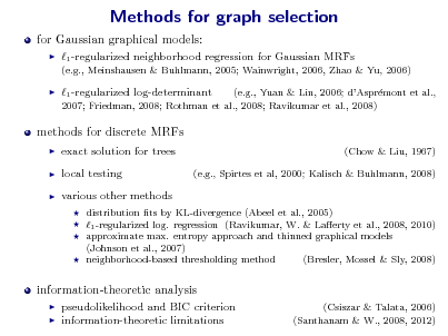 Slide: Methods for graph selection
for Gaussian graphical models:


1 -regularized neighborhood regression for Gaussian MRFs
(e.g., Meinshausen & Buhlmann, 2005; Wainwright, 2006, Zhao & Yu, 2006)



1 -regularized log-determinant

(e.g., Yuan & Lin, 2006; dAsprmont et al., e 2007; Friedman, 2008; Rothman et al., 2008; Ravikumar et al., 2008)

methods for discrete MRFs
  

exact solution for trees local testing various other methods
   

(Chow & Liu, 1967) (e.g., Spirtes et al, 2000; Kalisch & Buhlmann, 2008)

distribution ts by KL-divergence (Abeel et al., 2005) 1 -regularized log. regression (Ravikumar, W. & Laerty et al., 2008, 2010) approximate max. entropy approach and thinned graphical models (Johnson et al., 2007) neighborhood-based thresholding method (Bresler, Mossel & Sly, 2008)

information-theoretic analysis
 

pseudolikelihood and BIC criterion information-theoretic limitations

(Csiszar & Talata, 2006) (Santhanam & W., 2008, 2012)

