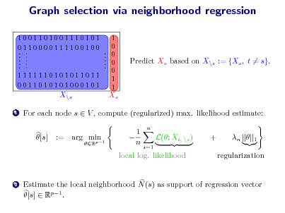 Slide: Graph selection via neighborhood regression
1001101001110101 0110000111100100 ..... ..... 1111110101011011 0011010101000101 ..... 1 0 0 0 0 1 1

Predict Xs based on X\s := {Xs , t = s}.

X\s
1

Xs

For each node s  V , compute (regularized) max. likelihood estimate: [s] := arg min p1
R



1 n

n i=1

L(; Xi, \s )

+

n 

1

local log. likelihood

regularization

2

Estimate the local neighborhood N (s) as support of regression vector [s]  Rp1 .

