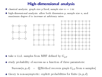 Slide: High-dimensional analysis
classical analysis: graph size p xed, sample size n  + high-dimensional analysis: allow both dimension p, sample size n, and maximum degree d to increase at arbitrary rates

take n i.i.d. samples from MRF dened by Gp,d study probability of success as a function of three parameters: Success(n, p, d) = Q[Method recovers graph Gp,d from n samples]

theory is non-asymptotic: explicit probabilities for nite (n, p, d)

