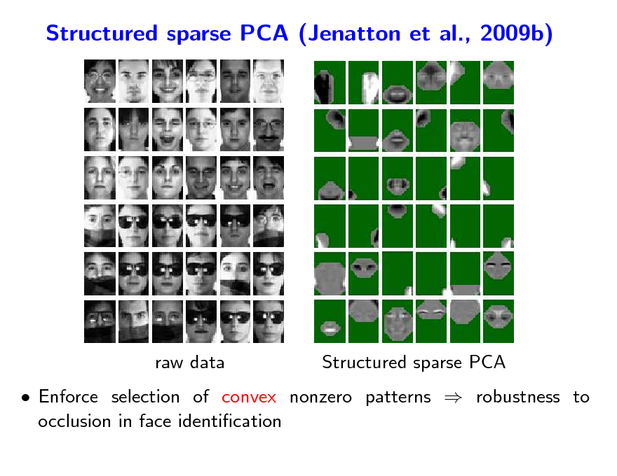 Slide: Structured sparse PCA (Jenatton et al., 2009b)

raw data

Structured sparse PCA

 Enforce selection of convex nonzero patterns  robustness to occlusion in face identication

