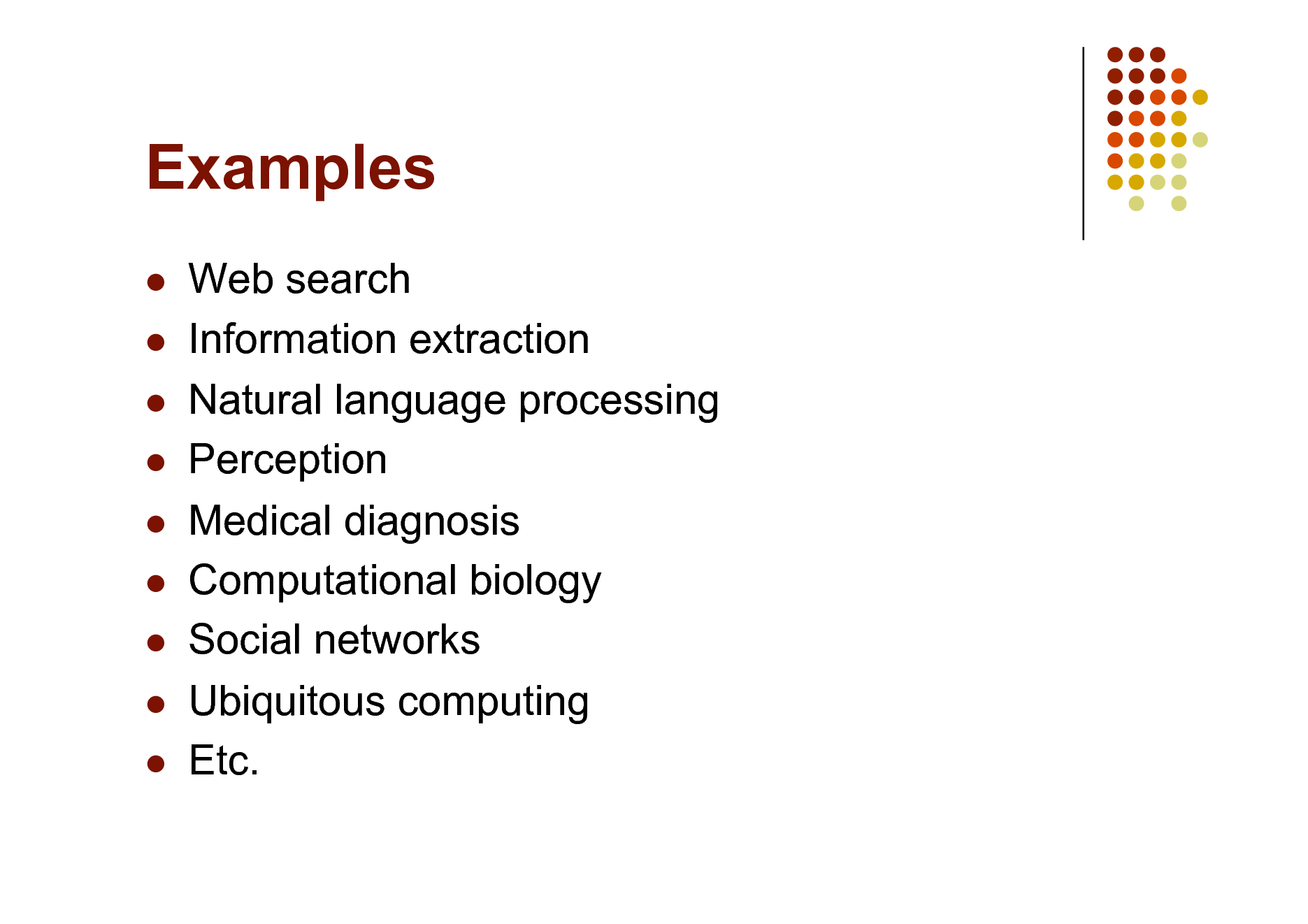 Slide: Examples
        

Web search Information extraction Natural language processing Perception Medical diagnosis Computational biology Social networks Ubiquitous computing Etc.

