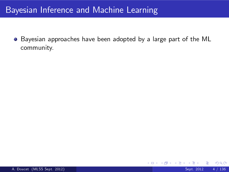 Slide: Bayesian Inference and Machine Learning
Bayesian approaches have been adopted by a large part of the ML community.

A. Doucet (MLSS Sept. 2012)

Sept. 2012

4 / 136

