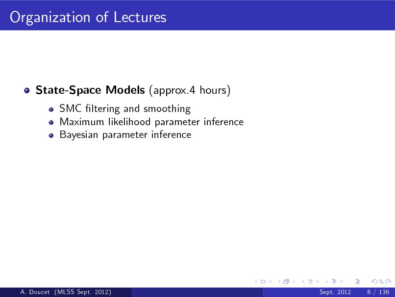 Slide: Organization of Lectures

State-Space Models (approx.4 hours)
SMC ltering and smoothing Maximum likelihood parameter inference Bayesian parameter inference

A. Doucet (MLSS Sept. 2012)

Sept. 2012

8 / 136

