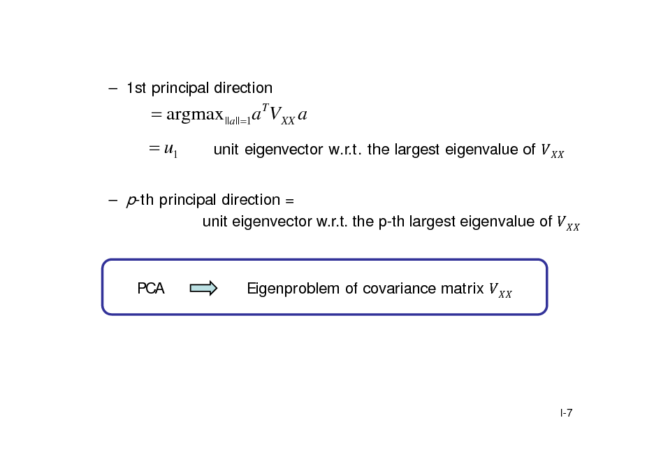 Slide:  1st principal direction

 argmax||a||1a T VXX a
 u1
unit eigenvector w.r.t. the largest eigenvalue of

 p-th principal direction = unit eigenvector w.r.t. the p-th largest eigenvalue of

PCA

Eigenproblem of covariance matrix

I-7

