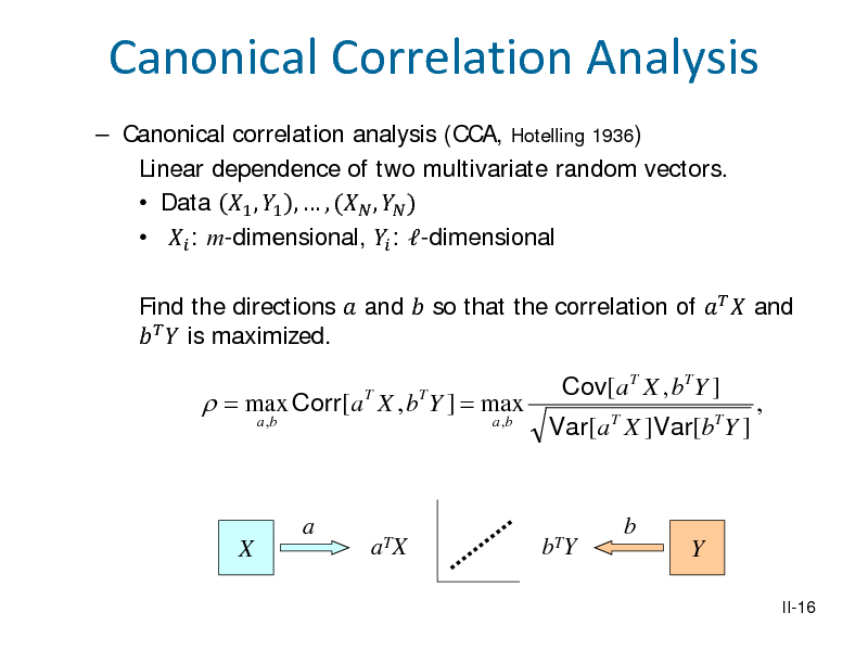 Slide: Canonical Correlation Analysis
 Canonical correlation analysis (CCA, Hotelling 1936) Linear dependence of two multivariate random vectors.  Data 1 , 1 ,  , ( ,  )   : m-dimensional,  : -dimensional

Find the directions  and  so that the correlation of   and    is maximized.

 = max Corr[a X , b Y ] = max
T T a ,b a ,b

Cov[a T X , bT Y ]
T

Var[a X ]Var[b Y ]

T

,

a X

a TX

b TY

b Y
II-16

