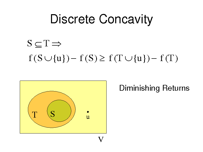 Slide: Discrete Concavity
S T  f ( S  {u})  f ( S )  f (T  {u})  f (T )
Diminishing Returns

T

S

u

V

