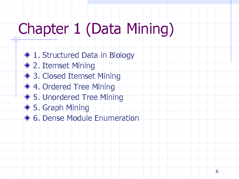 Slide: Chapter 1 (Data Mining)
1. 2. 3. 4. 5. 5. 6. Structured Data in Biology Itemset Mining Closed Itemset Mining Ordered Tree Mining Unordered Tree Mining Graph Mining Dense Module Enumeration

6

