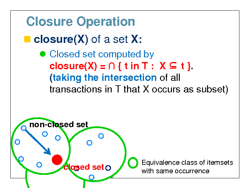 Slide: Closure Operation
 closure(X) of a set X:
 Closed set computed by closure(X) =  { t in T : X  t }. (taking the intersection of all transactions in T that X occurs as subset)

non-closed set

closure(X)
closed set
43

Equivalence class of itemsets with same occurrence


