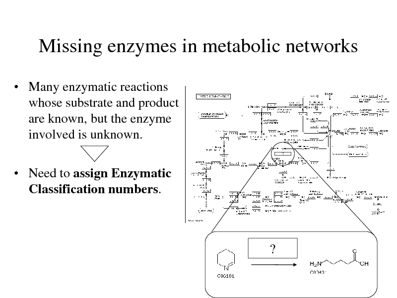 Slide: Missing enzymes in metabolic networks
 Many enzymatic reactions whose substrate and product are known, but the enzyme involved is unknown.
?

 Need to assign Enzymatic Classification numbers.

?


