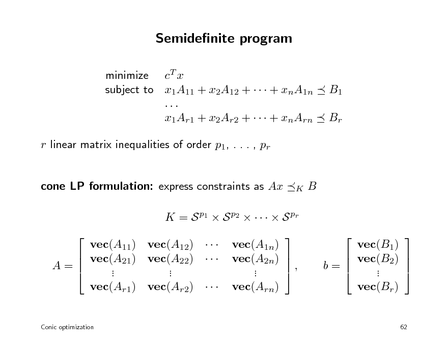 Slide: Semidenite program
minimize cT x subject to x1A11 + x2A12 +    + xnA1n ... x1Ar1 + x2Ar2 +    + xnArn r linear matrix inequalities of order p1, . . . , pr cone LP formulation: express constraints as Ax B

B1 Br

K

K = S p1  S p2      S pr vec(A11) vec(A12)     vec(A21) vec(A22)    A= . .  . . vec(Ar1) vec(Ar2)   
Conic optimization



vec(A1n) vec(A2n)  , .  . vec(Arn)



vec(B1)  vec(B2)   b= .   . vec(Br )
62





