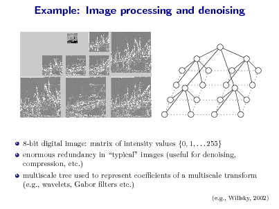 Slide: Example: Image processing and denoising

8-bit digital image: matrix of intensity values {0, 1, . . . 255} enormous redundancy in typical images (useful for denoising, compression, etc.) multiscale tree used to represent coecients of a multiscale transform (e.g., wavelets, Gabor lters etc.)
(e.g., Willsky, 2002)

