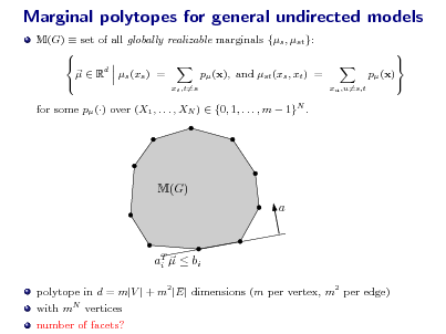 Slide: Marginal polytopes for general undirected models
M(G)  set of all globally realizable marginals {s , st }:   p (x), and st (xs , xt ) =   Rd s (xs ) = 
xt ,t=s

p (x)
xu ,u=s,t

  

for some p () over (X1 , . . . , XN )  {0, 1, . . . , m  1}N .

M(G) a

a T   bi i
polytope in d = m|V | + m2 |E| dimensions (m per vertex, m2 per edge) with mN vertices number of facets?

